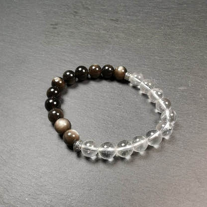Obsidian + Crystal Wrist Mala, Prayer Beads Bracelet - Tibetan Buddhist mala beads, detailed view