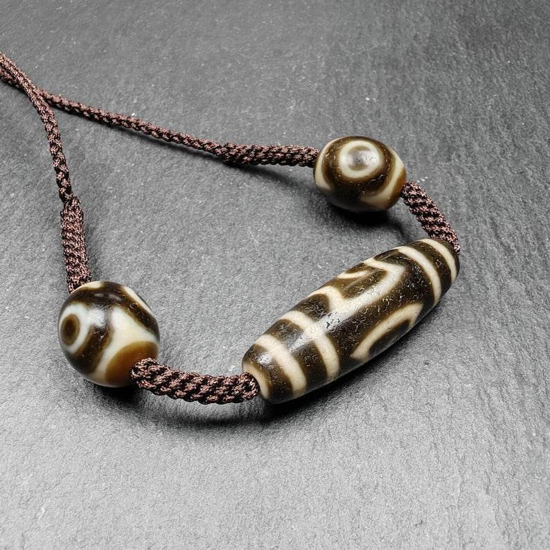 Tibetan Dzi Necklace - Garuda Dzi + 3 Eyes Dalo Dzi Amulet - Tibetan Buddhist bead necklace, view 4