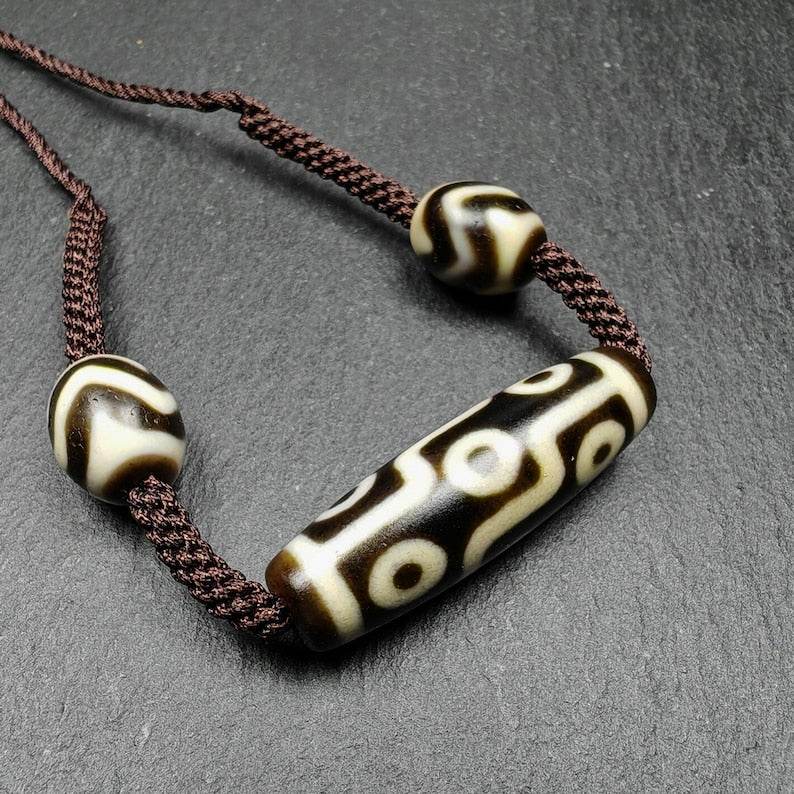 Tibetan Dzi Necklace,9 Eyes Dzi + 2 Wave Darlo Dzi Beads Amulet - Tibetan Buddhist bead necklace, view 4