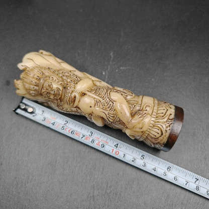 Leg Bone Carved Troma Nagmo Pen holder,Black Wrathful Dakini Kapala Cup - Tibetan Buddhist art, size reference