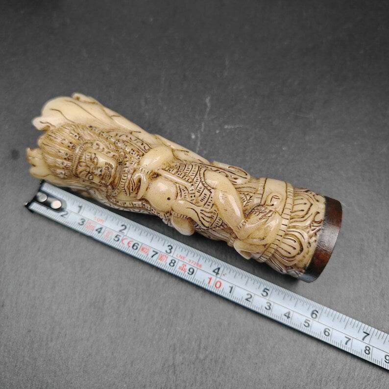 Leg Bone Carved Troma Nagmo Pen holder,Black Wrathful Dakini Kapala Cup - Tibetan Buddhist art, size reference