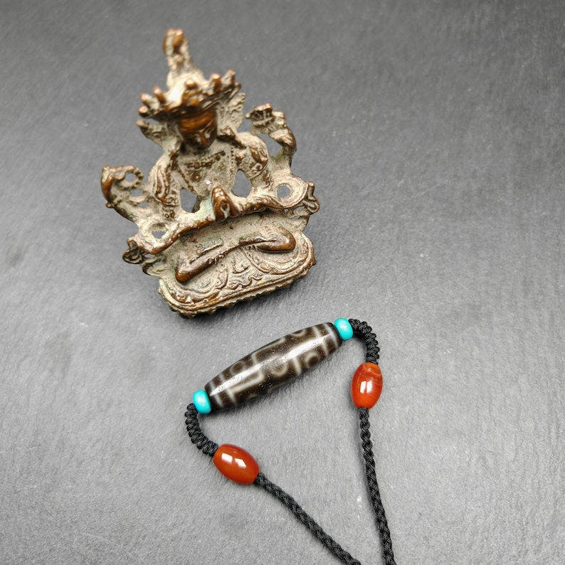 Tibetan 9 Eyes Dzi Bead Necklace - Tibetan Buddhist bead necklace, view 6