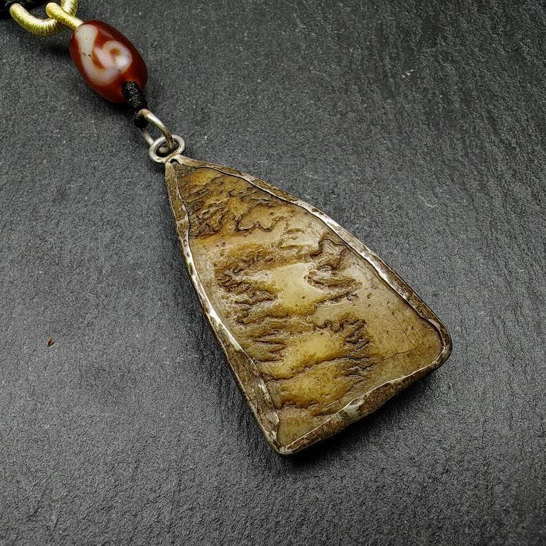 Kapala Amulet Necklace,Silver Framed,50mm - Tibetan Buddhist bead necklace, front view