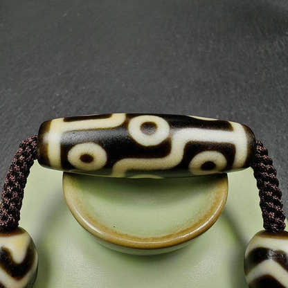 Tibetan Dzi Necklace,9 Eyes Dzi + 2 Wave Darlo Dzi Beads Amulet - Tibetan Buddhist bead necklace, size reference