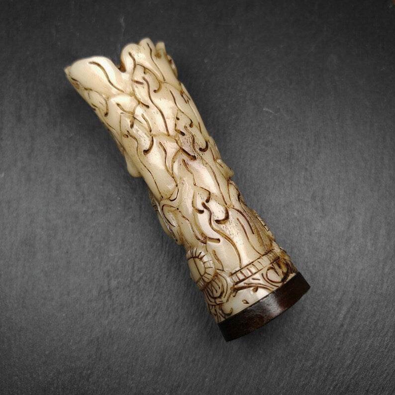Leg Bone Carved Troma Nagmo Pen holder,Black Wrathful Dakini Kapala Cup - Tibetan Buddhist art, detailed view