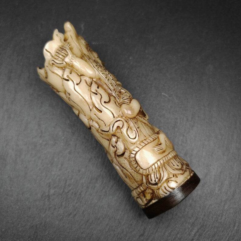 Leg Bone Carved Troma Nagmo Pen holder,Black Wrathful Dakini Kapala Cup - Tibetan Buddhist art, close-up detail