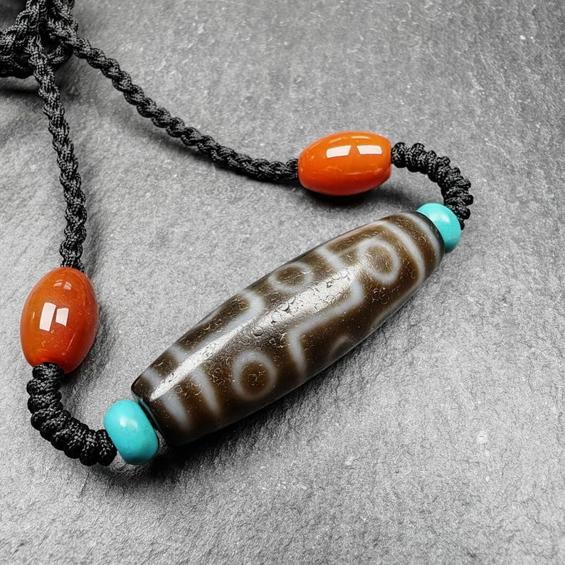 Tibetan 9 Eyes Dzi Bead Necklace - Tibetan Buddhist bead necklace, detailed view