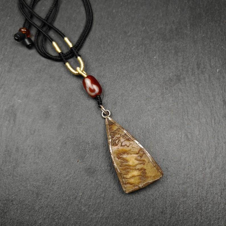 Kapala Amulet Necklace,Silver Framed,50mm - Tibetan Buddhist bead necklace, detailed view