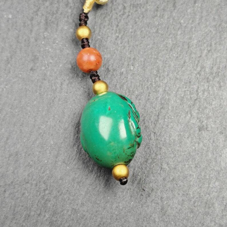 Old Turquoise Tibetan Scorpion Amulet, 23 - Tibetan Buddhist amulet, close-up detail