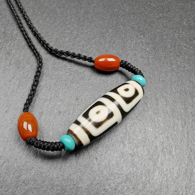 4 Eyes Dzi Bead Necklace - Tibetan Buddhist bead necklace, view 4