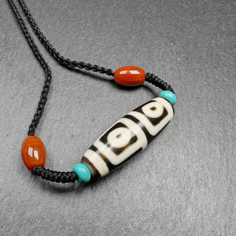 4 Eyes Dzi Bead Necklace - Tibetan Buddhist bead necklace, view 4