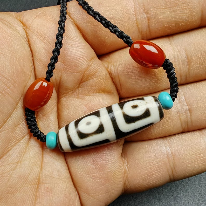 4 Eyes Dzi Bead Necklace - Tibetan Buddhist bead necklace, detailed view