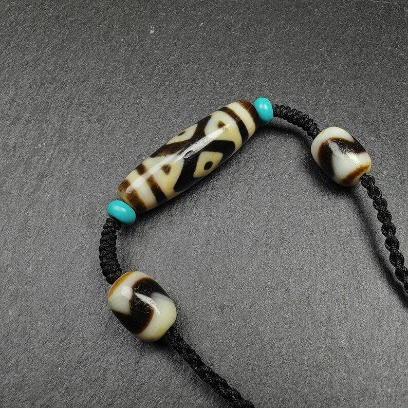 Vajra 3 Eyes Dzi Bead Necklace 36*12mm - Tibetan Buddhist bead necklace, front view