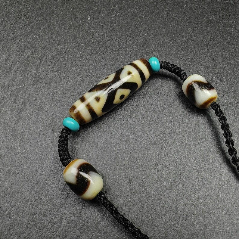 Vajra 3 Eyes Dzi Bead Necklace 36*12mm - Tibetan Buddhist bead necklace, front view