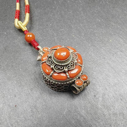 Coral and Silver Gau Ghau Shrine - Tibetan Buddhist art, detailed view