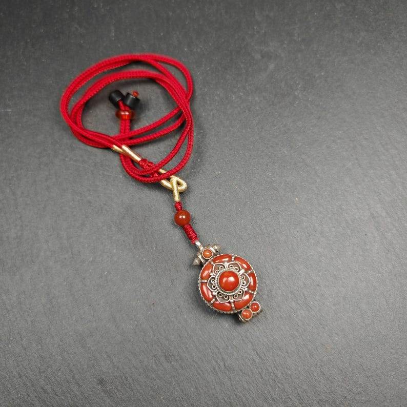 Coral and Silver Gau Ghau Shrine - Tibetan Buddhist art, front view