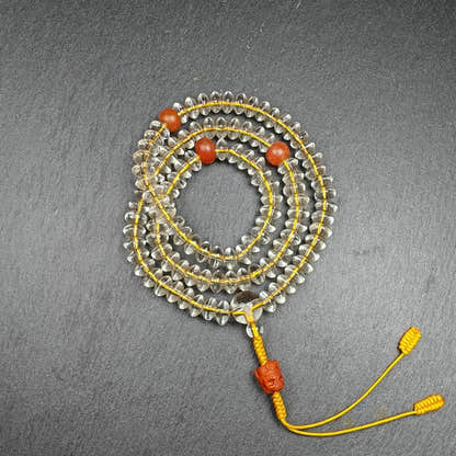 Old Tibetan Crystal Necklace Mala,Disk Type Prayer Beads - Tibetan Buddhist mala beads, close-up detail