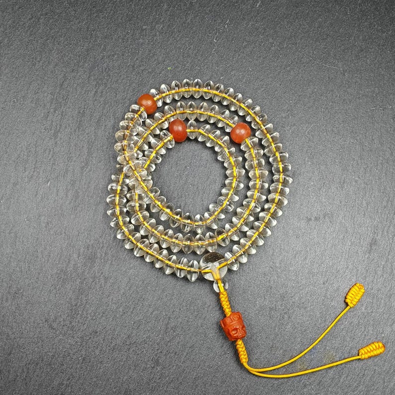 Old Tibetan Crystal Necklace Mala,Disk Type Prayer Beads - Tibetan Buddhist mala beads, close-up detail