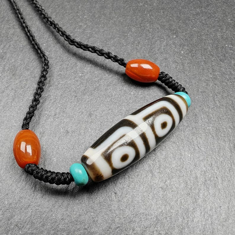 4 Eyes Dzi Bead Necklace - Tibetan Buddhist bead necklace, view 5
