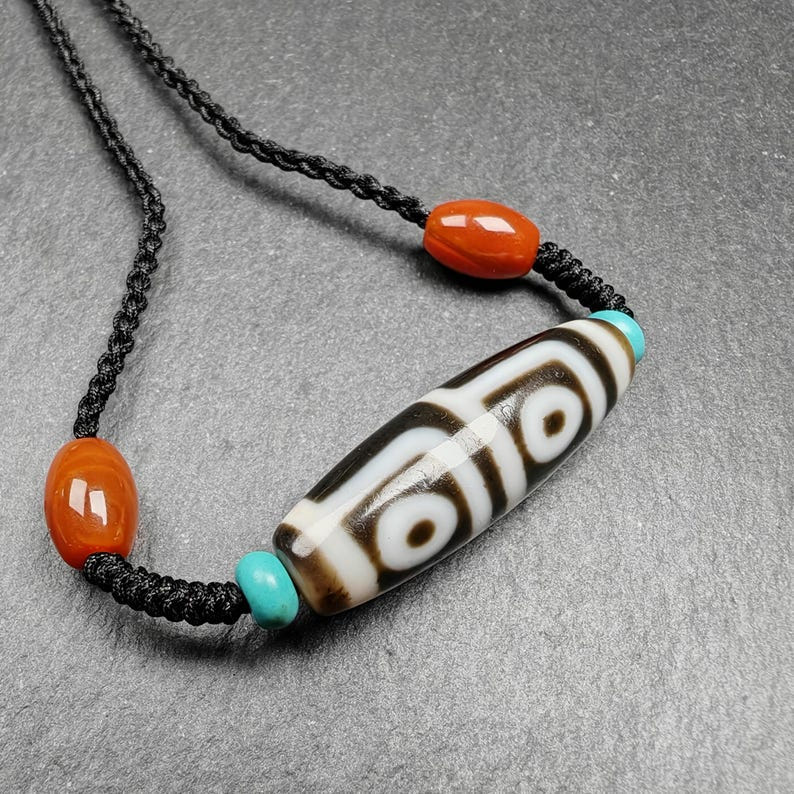4 Eyes Dzi Bead Necklace - Tibetan Buddhist bead necklace, view 5