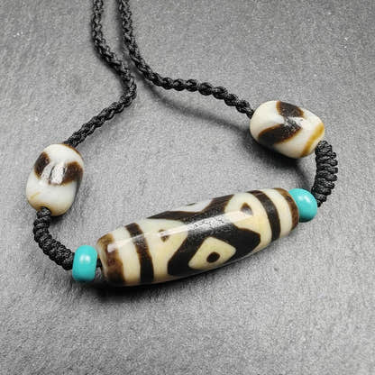 Vajra 3 Eyes Dzi Bead Necklace 36*12mm - Tibetan Buddhist bead necklace, close-up detail