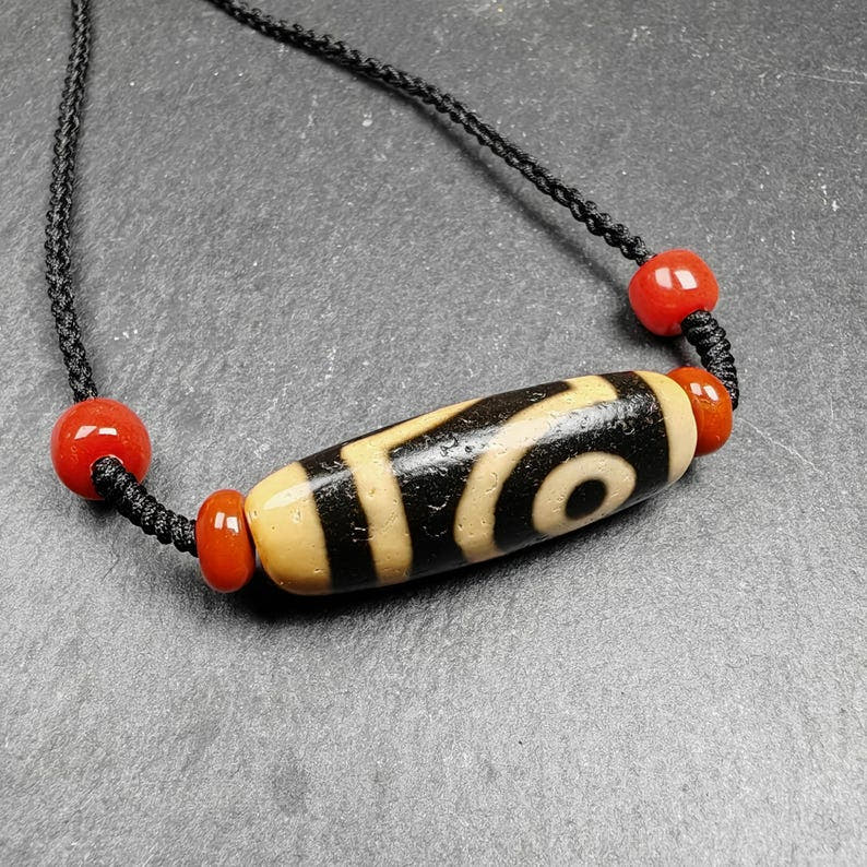 2 Eyes Dzi Bead Necklace - Tibetan Buddhist bead necklace, detailed view
