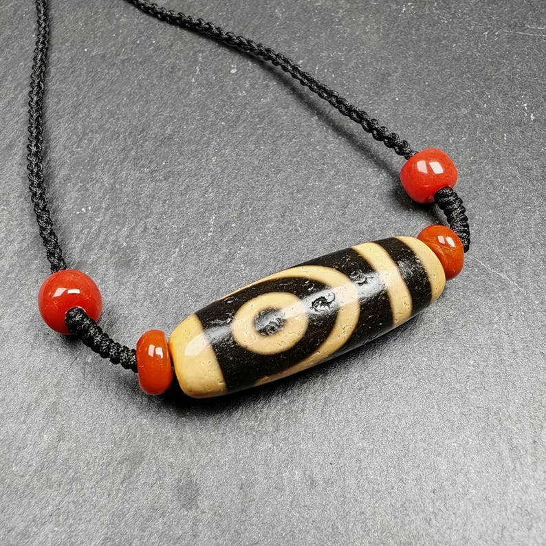 2 Eyes Dzi Bead Necklace - Tibetan Buddhist bead necklace, front view