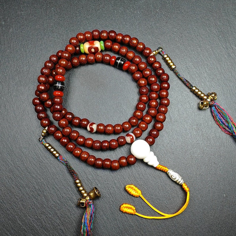 Tibetan 8mm 108 Rudraksha Mala Necklace - Tibetan Buddhist mala beads, front view