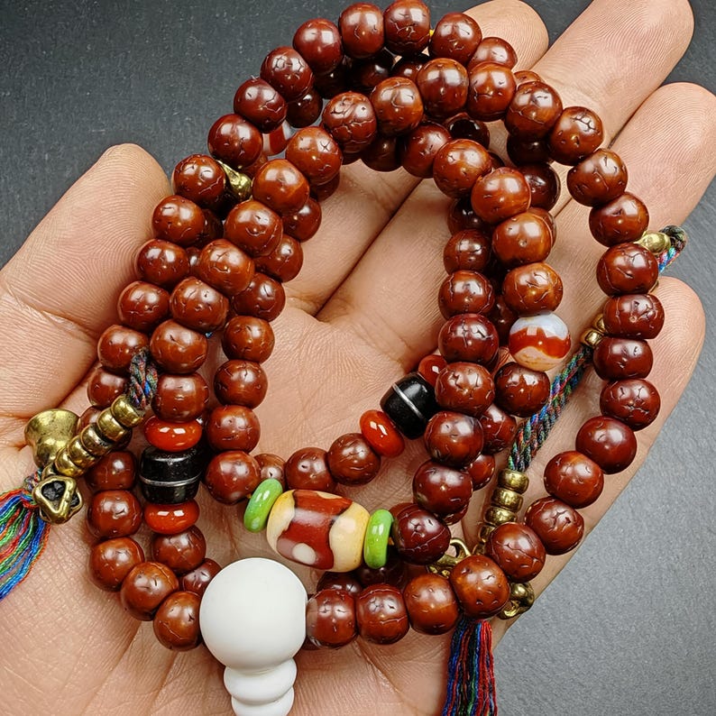 Tibetan 8mm 108 Rudraksha Mala Necklace - Tibetan Buddhist mala beads, detailed view