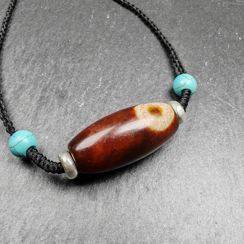 Fire Agate Lotus Dzi Amulet 31 - Tibetan dzi bead, view 4