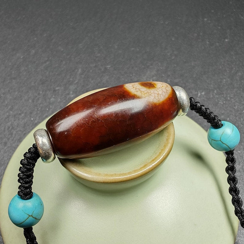 Fire Agate Lotus Dzi Amulet 31 - Tibetan dzi bead, view 5