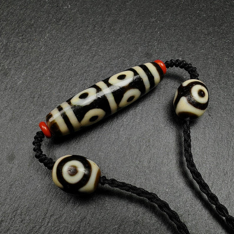 8 Eyes Dzi + Mandala 3 eyes Dzi Beads Amulet - Tibetan dzi bead, front view