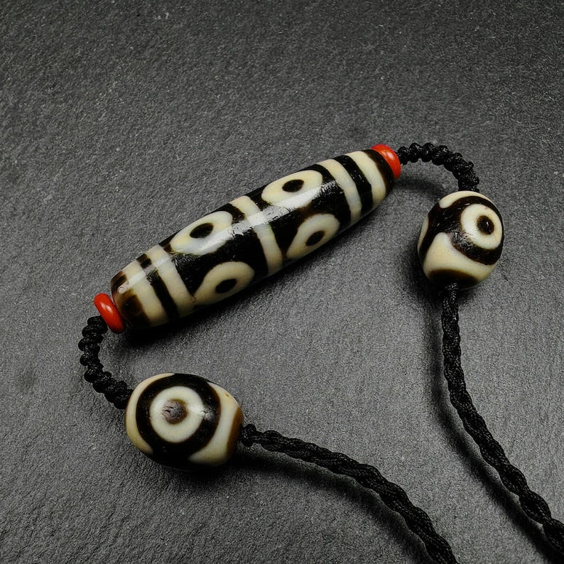 8 Eyes Dzi + Mandala 3 eyes Dzi Beads Amulet - Tibetan dzi bead, front view