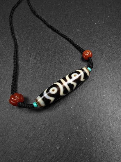 Mandala 6-Eyes Dzi Necklace - Tibetan Buddhist bead necklace, front view