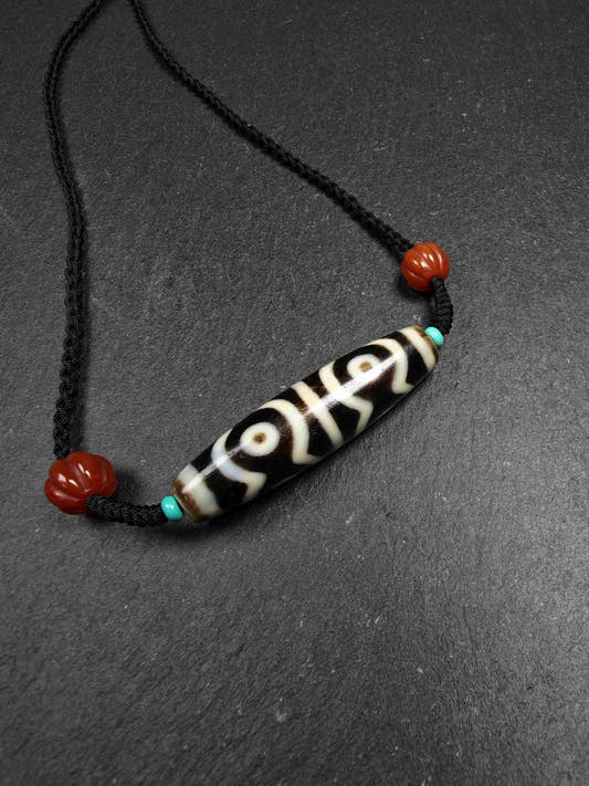 Mandala 6-Eyes Dzi Necklace - Tibetan Buddhist bead necklace, front view