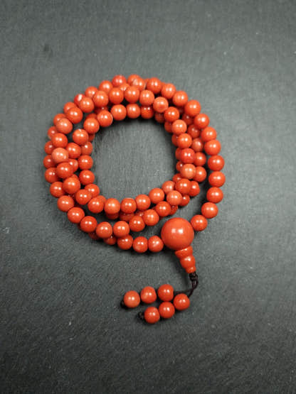 8mm Red Bamboo Coral Necklace Mala - 41cm stretched - Tibetan Buddhist mala beads, view 5