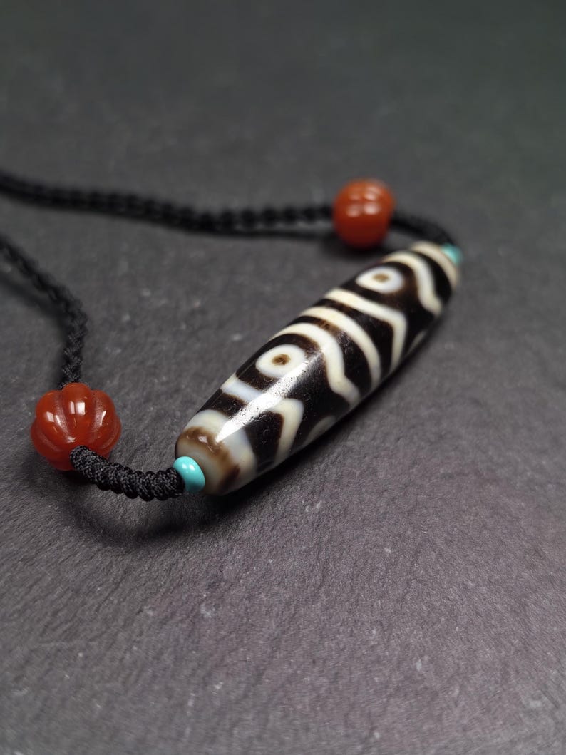 Mandala 6-Eyes Dzi Necklace - Tibetan Buddhist bead necklace, detailed view