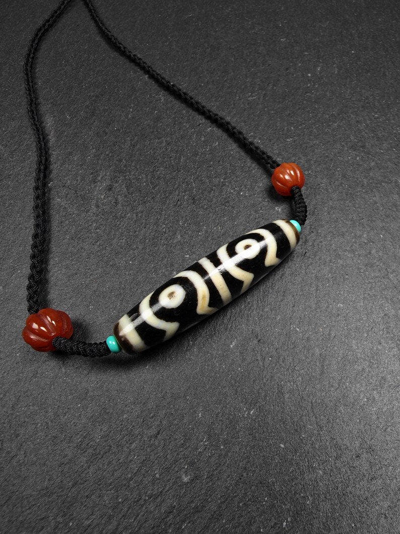 Mandala 6-Eyes Dzi Necklace - Tibetan Buddhist bead necklace, close-up detail