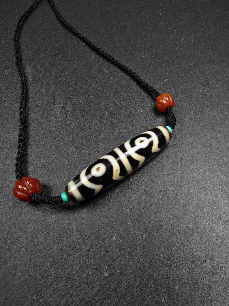 Mandala 6-Eyes Dzi Necklace - Tibetan Buddhist bead necklace, close-up detail
