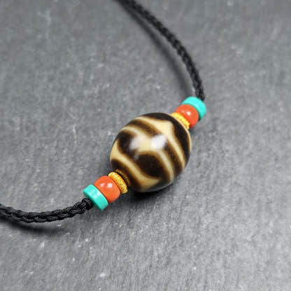 Tiger Tooth Dzi Bead Collarbone Pendant Necklace - Tibetan Buddhist bead necklace, front view
