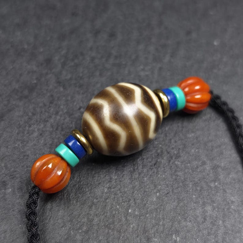Dzi Bead Necklace - Wave Totem Dalo Dzi Clavicle Chain 20*18mm - Tibetan Buddhist bead necklace, view 6