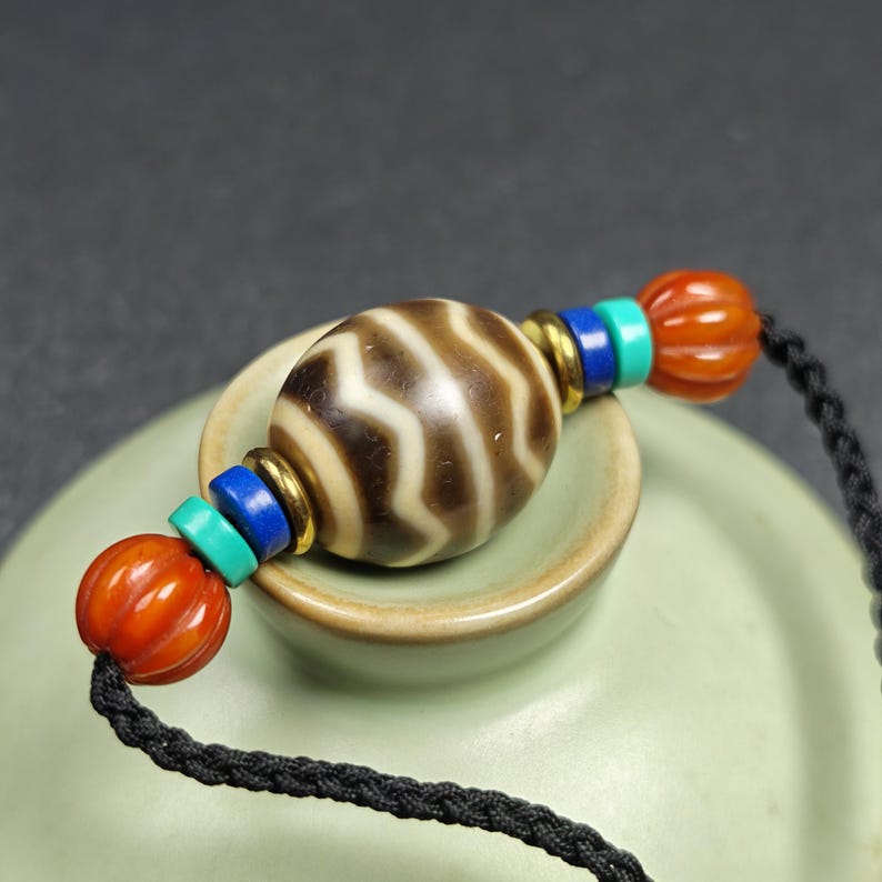 Dzi Bead Necklace - Wave Totem Dalo Dzi Clavicle Chain 20*18mm - Tibetan Buddhist bead necklace, view 9