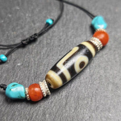Antique 2 Eyes Dzi Bead Clavicle Necklace - Tibetan Buddhist bead necklace, detailed view