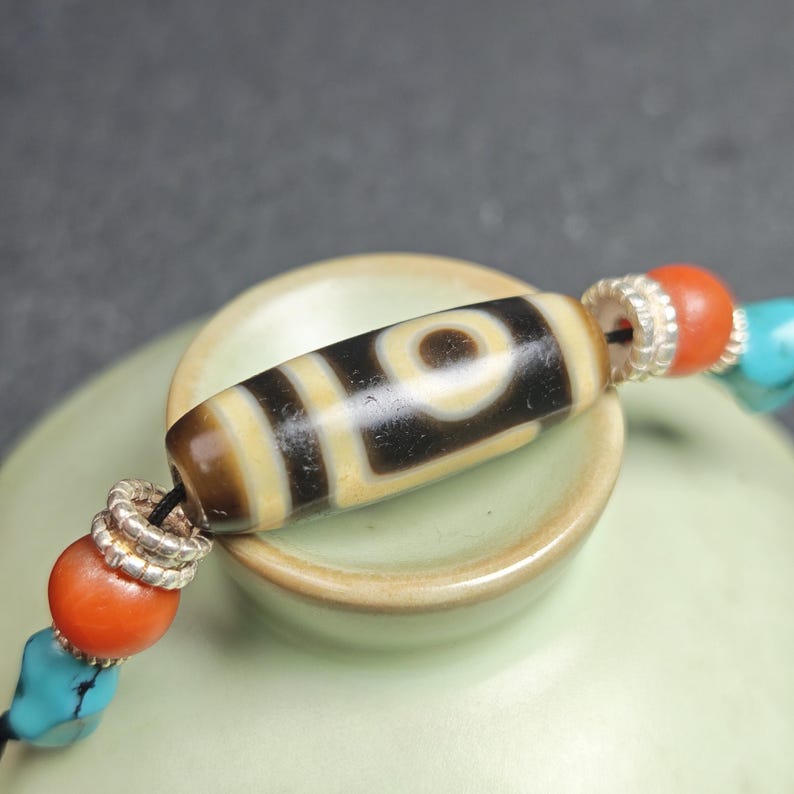 Antique 2 Eyes Dzi Bead Clavicle Necklace - Tibetan Buddhist bead necklace, view 8