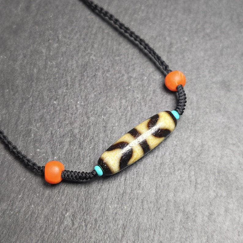 Authentic Tiger Tooth Dzi Bead Necklace 36*11mm - Tibetan Buddhist bead necklace, detailed view