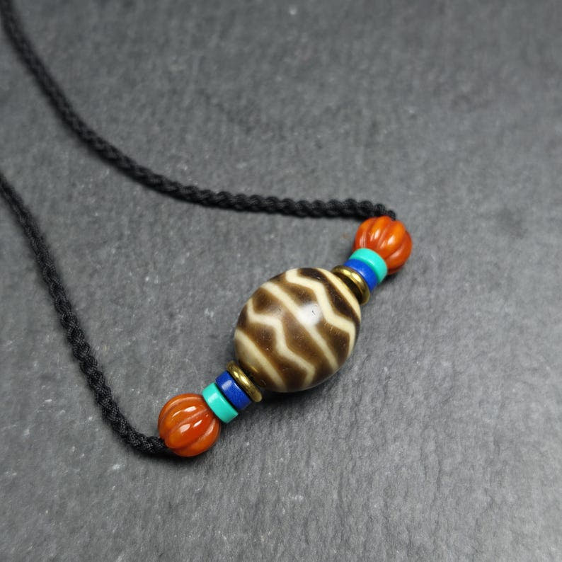 Dzi Bead Necklace - Wave Totem Dalo Dzi Clavicle Chain 20*18mm - Tibetan Buddhist bead necklace, front view