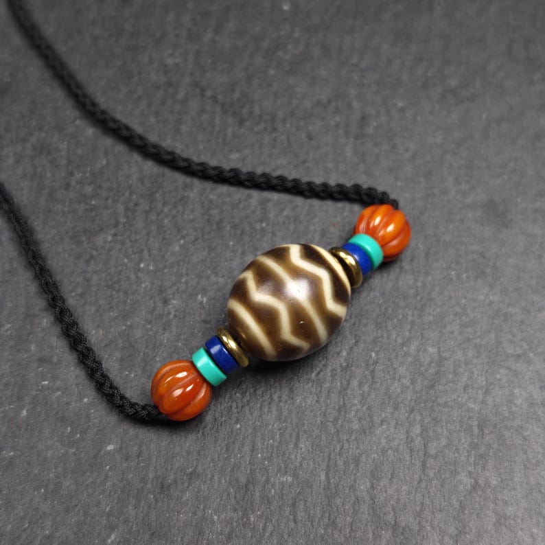 Dzi Bead Necklace - Wave Totem Dalo Dzi Clavicle Chain 20*18mm - Tibetan Buddhist bead necklace, view 5