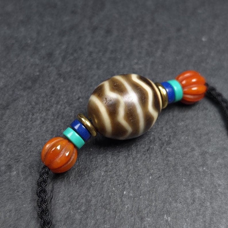 Dzi Bead Necklace - Wave Totem Dalo Dzi Clavicle Chain 20*18mm - Tibetan Buddhist bead necklace, view 7