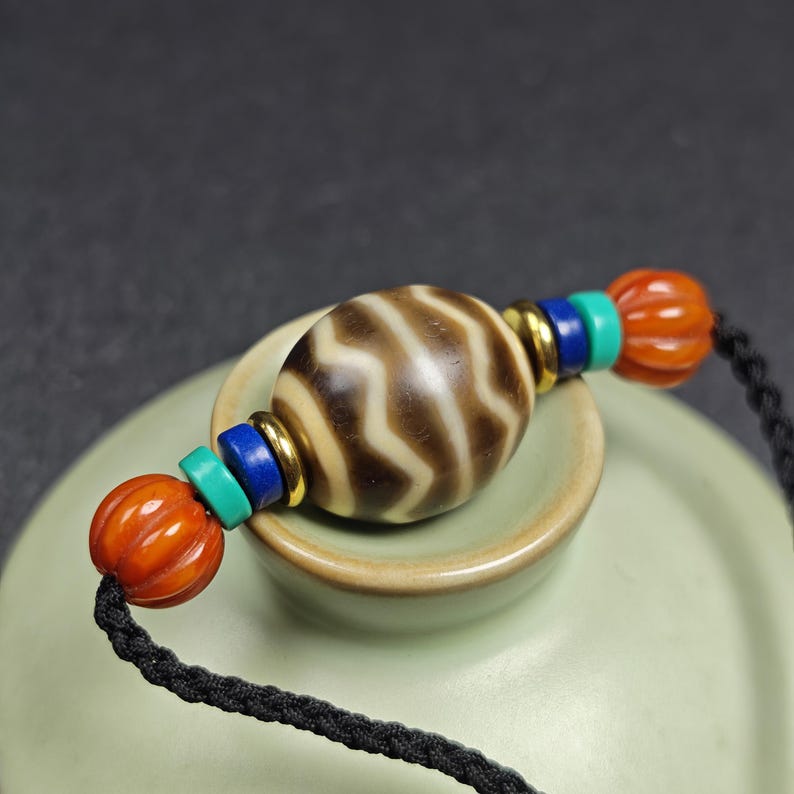 Dzi Bead Necklace - Wave Totem Dalo Dzi Clavicle Chain 20*18mm - Tibetan Buddhist bead necklace, view 10