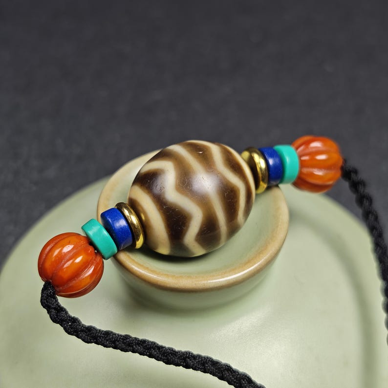 Dzi Bead Necklace - Wave Totem Dalo Dzi Clavicle Chain 20*18mm - Tibetan Buddhist bead necklace, view 11